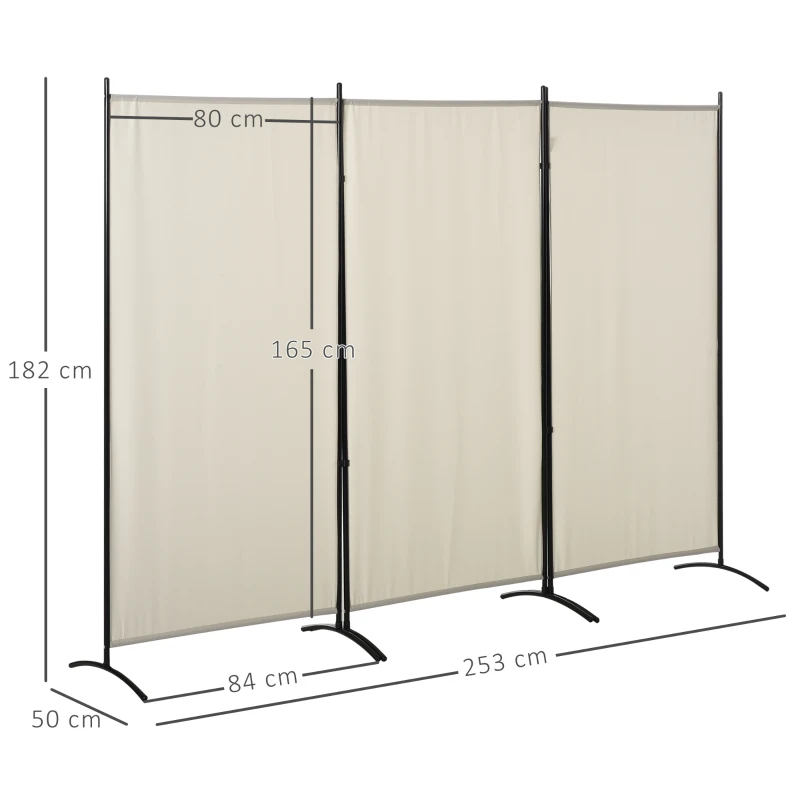 HOMCOM Biombo Separador de Ambientes de 3 Paneles 253x50x182 cm Divisor de Habitación Plegable con 6 Pies de Metal Beige