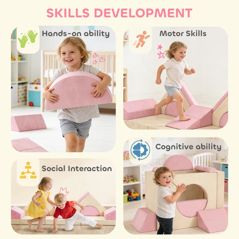 AIYAPLAY Kids Play Sofa, 12 Pieces Foam Modular Soft Play Set for Playroom, Children Convertible Sofa for Boys and Girls, Pink