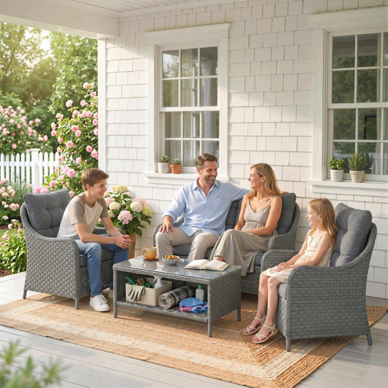 Outsunny 4-Piece Wicker Patio Furniture Set with 2 Armchairs, Loveseat, Glass Coffee Table, Conversation Sofa Set, Dark Grey