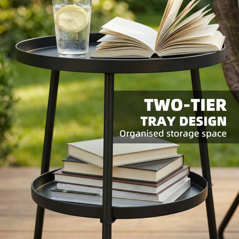 Outsunny Patio Side Table, 2-Tier Round Coffee End Table for Garden Balcony Living Room Bedroom, Black