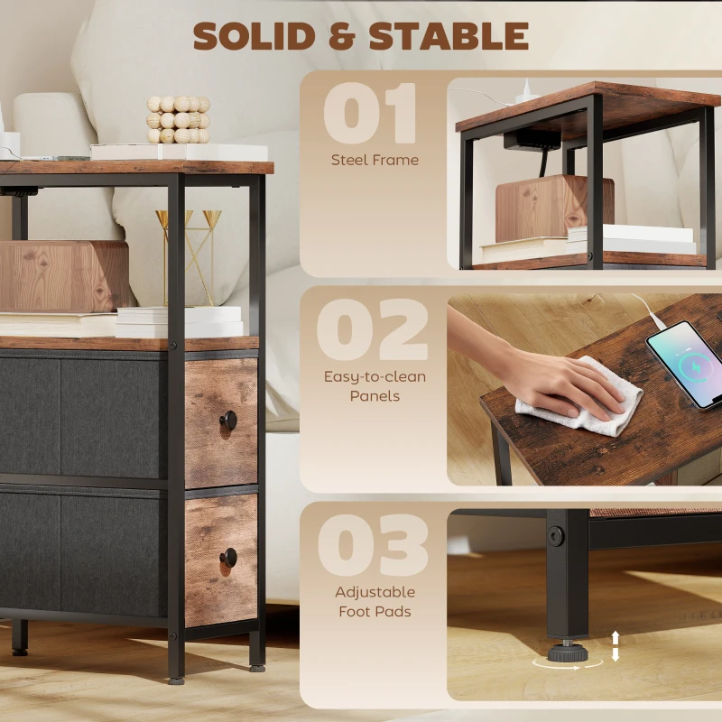HOMCOM Side Table, Narrow Bedside Table with Charging Station, 2 Drawers, AC Outlet and 2 USB Ports for Living Room, Bedroom