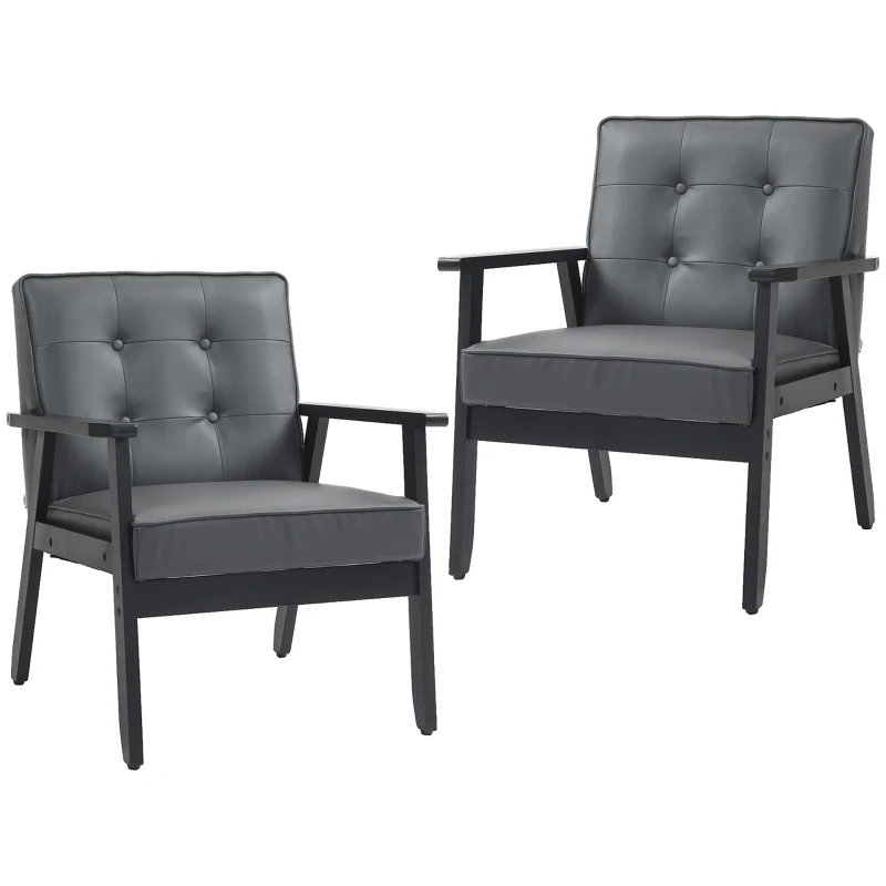 HOMCOM Set of 2 Accent Chair, PU Leather Armchair, Occasional Chair with Beech Wood Frame for Living Room Reception Bedroom Balcon, Grey