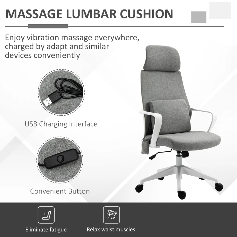Vinsetto Office Chair, Fabric Desk Chair, Computer Gaming Chair with 2 Points Massage Lumbar Pillow, Adjustable Headrest and Seat Height, Rolling Swivel Wheels for Home Work Study, Grey