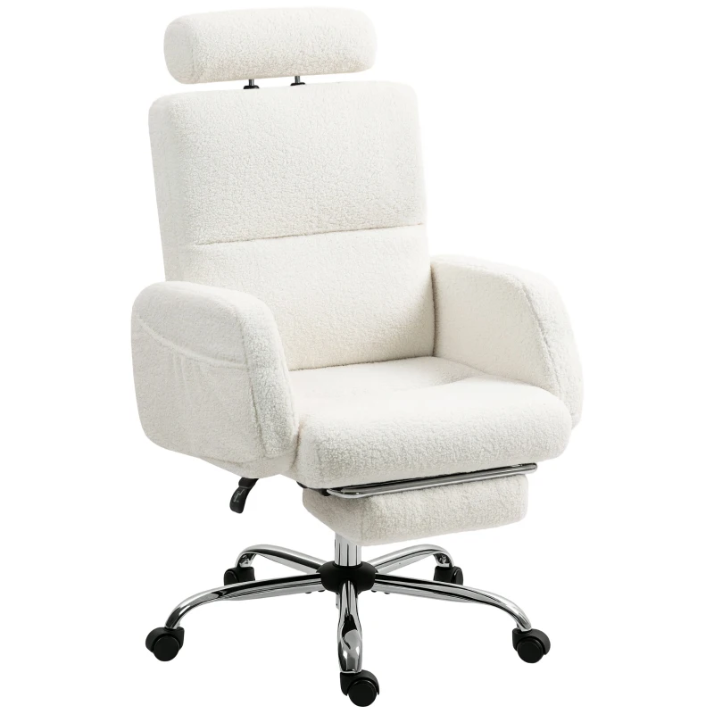 HOMCOM Silla de Escritorio con Reposapiés Tapizada en Borreguito con Respaldo Reclinable Reposacabezas Ajustable Crema