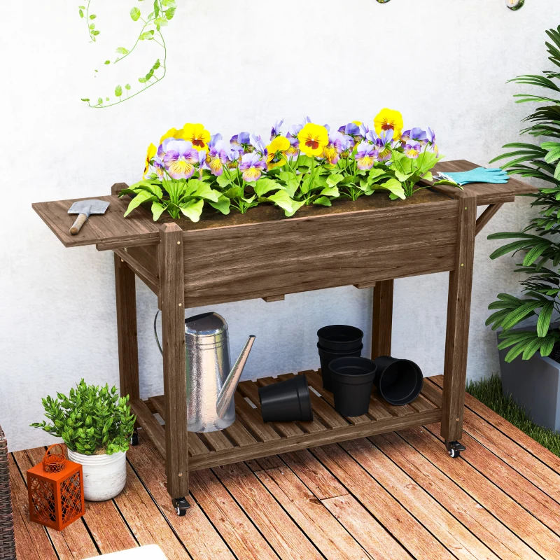 Outsunny 46 x 94cm Wooden Raised Planter, with Shelves - Carbonised