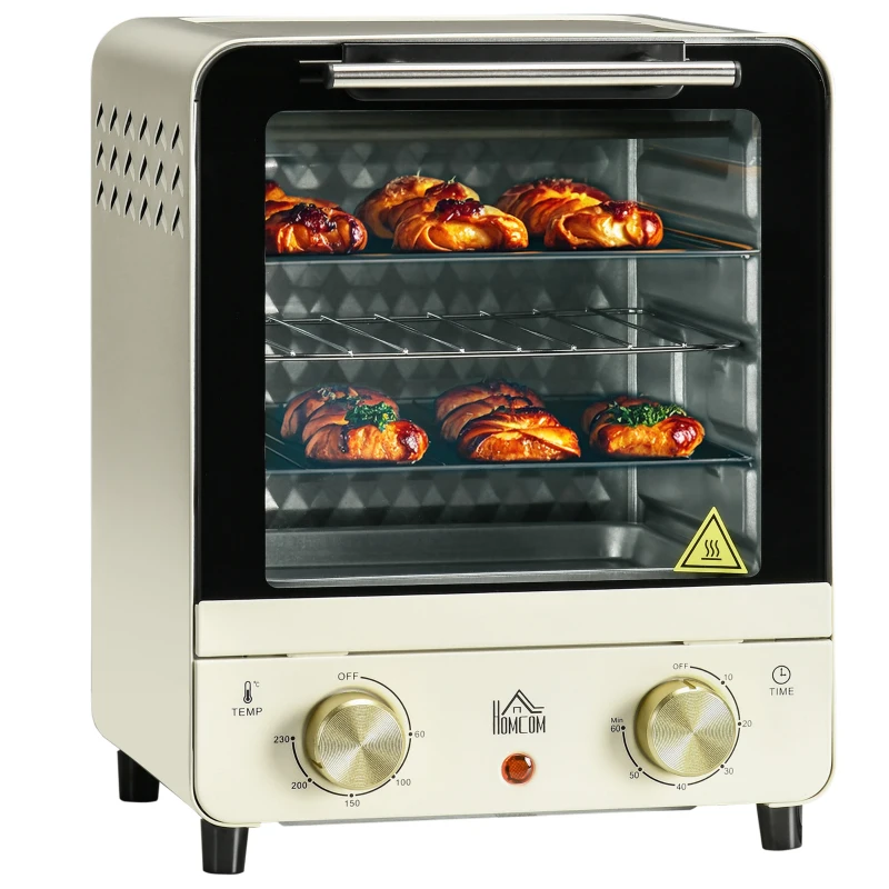 HOMCOM 15 Litres Electric Oven, Convection Mini Oven and Grill with 60-230℃ Temperature, Timer, Include Baking Tray, Wire Rack and Crumb Tray, 1000W, Cream White