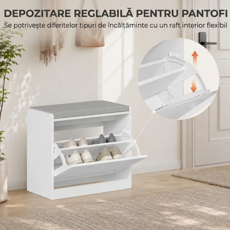 HOMCOM Bancă pantofar cu compartiment rabatabil, 60x30x52 cm, alb