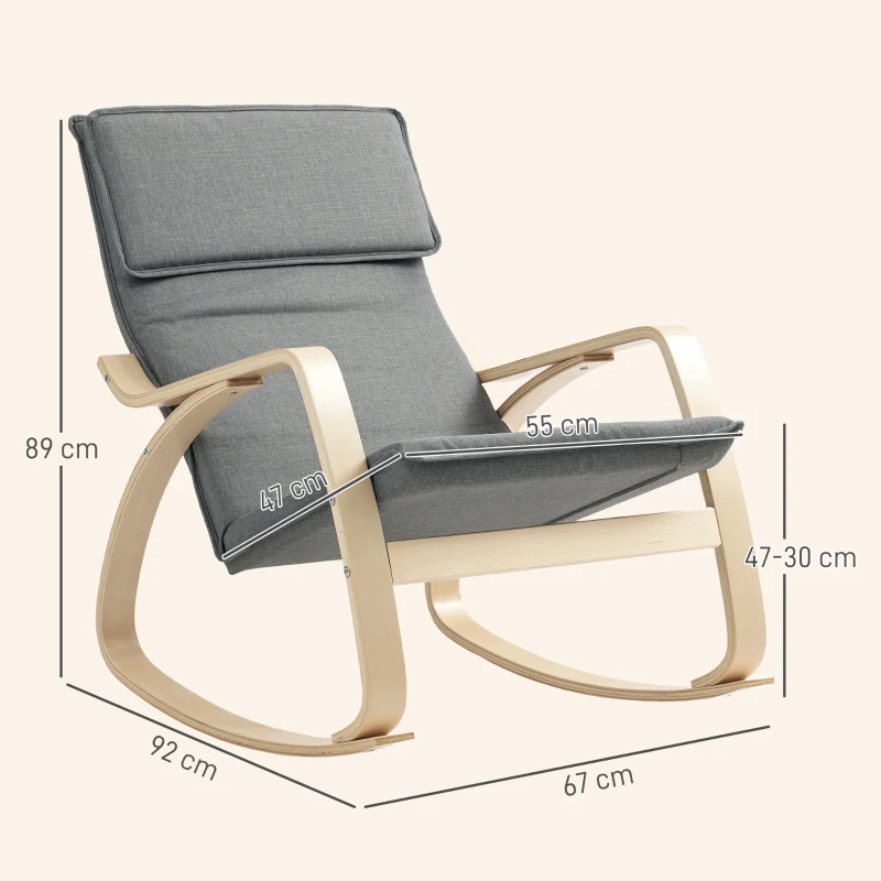 HOMCOM Comfortable Relax Rocking Chair, Upholstered Lounge Chair Recliner with High Back and Headrest for Living Room, Bedroom, Grey