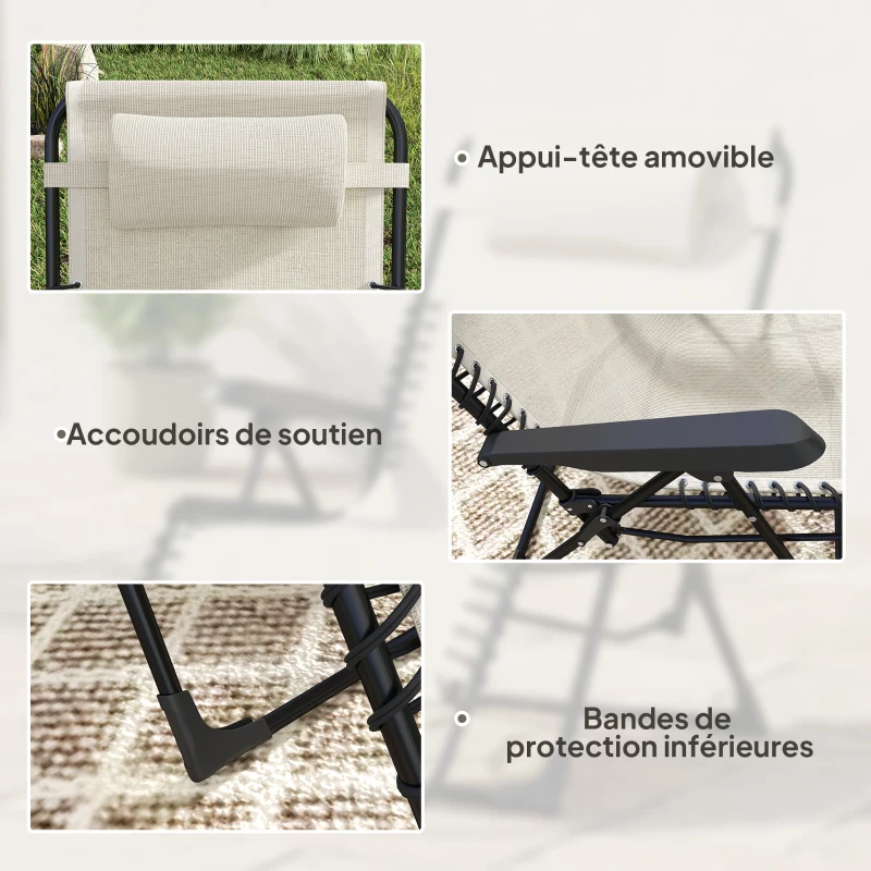 Outsunny Lot de 2 bain de soleil, chaise longue pliante inclinable avec appuie-tête en textilène, 90 x 65 x 112 cm, beige