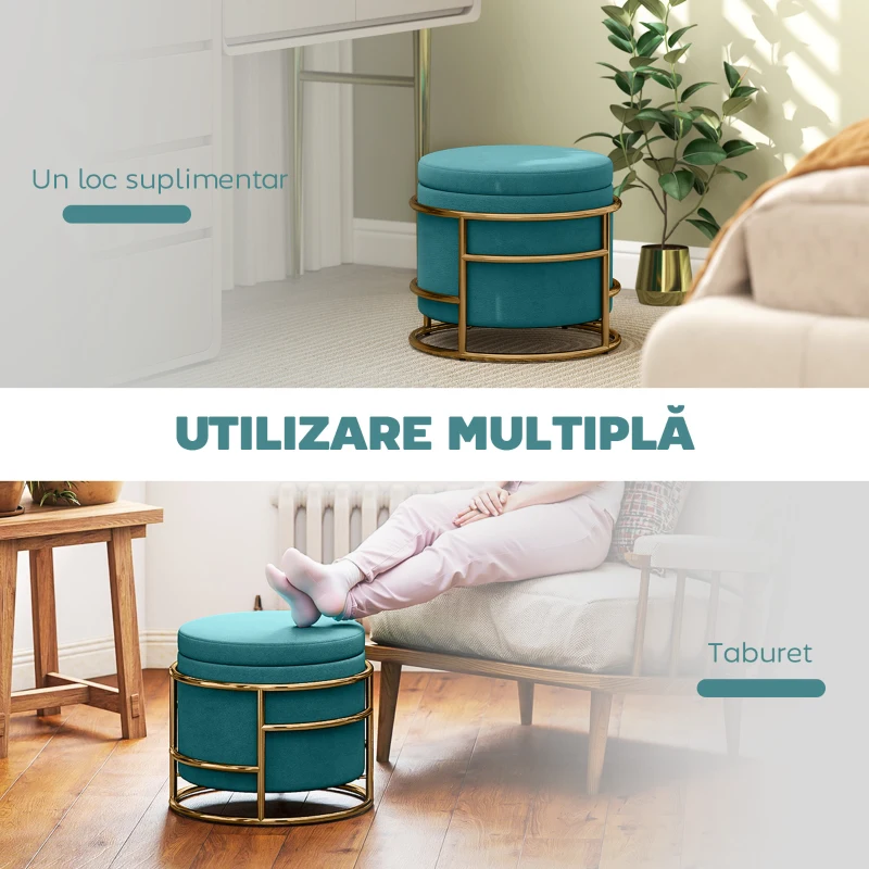 HOMCOM Taburet Rotund de Depozitare din Catifea cu Spațiu de 24L și Capac Detașabil, Ø42x39 cm, Verde