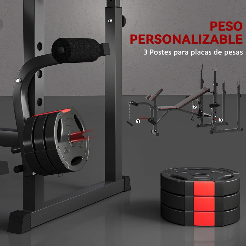 SPORTNOW Banco de Pesas con Soportes para Barra y Respaldo Ajustable para Entrenamiento Completos de Cuerpo Negro
