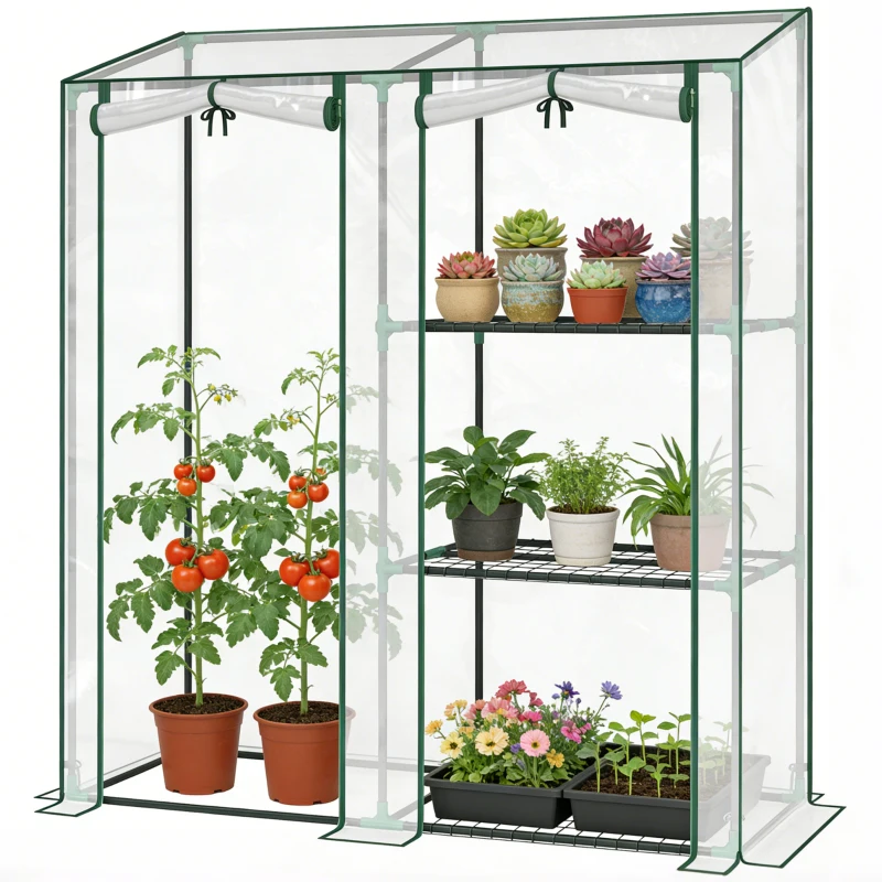 Outsunny Seră Verticală cu 2 Secțiuni și 3 Rafturi, din Plastic și Oțel, 143x45x151 cm, Verde Închis și Transparent