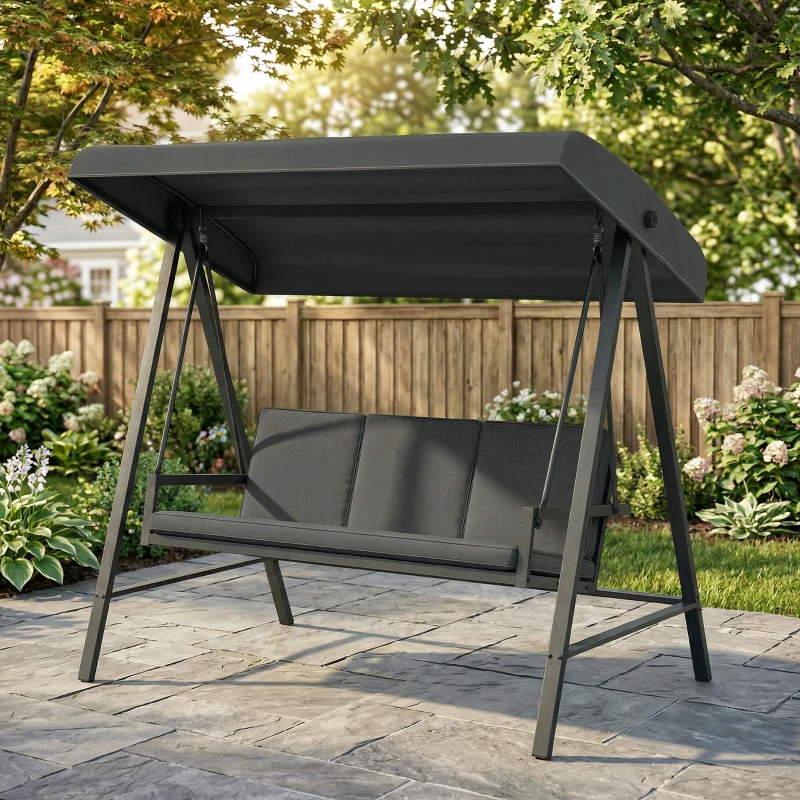 Outsunny Three-Seat Garden Swing Chair, with Adjustable Canopy - Dark Grey