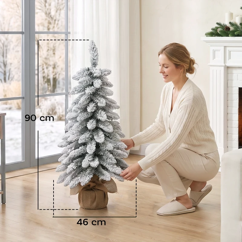 HOMCOM Sapin de Noël Artificiel 90 cm, 107 Embouts de Branches Enneigés en PVC, Base en Toile de Jute, Montage Rapide, Blanc
