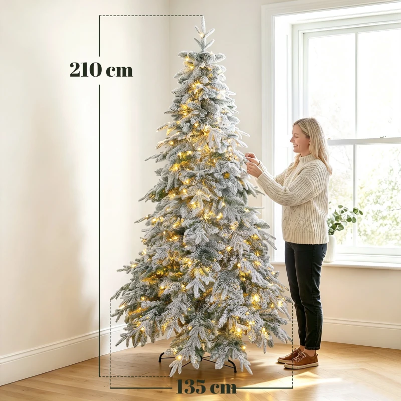 HOMCOM Verschneiter Weihnachtsbaum 210cm mit 450 warmweißen LEDs, Timer, Fernbedienung, 8 Modi, 1080 feuerhemmende Zweige