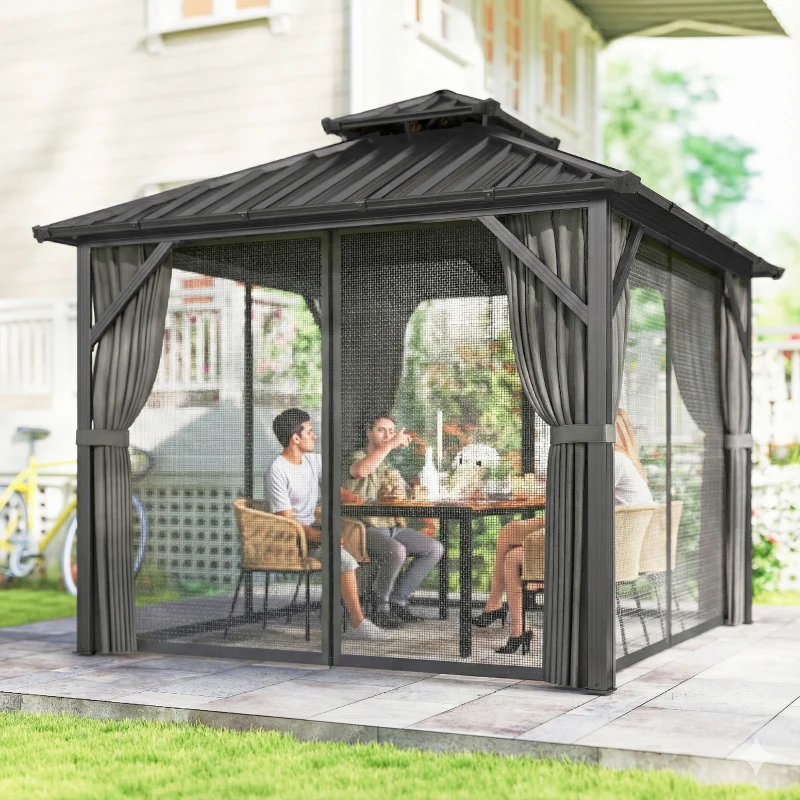 Outsunny Pavillon 3 x 3 m à toit rigide avec cadre en aluminium et toit double en acier galvanisé, gris foncé