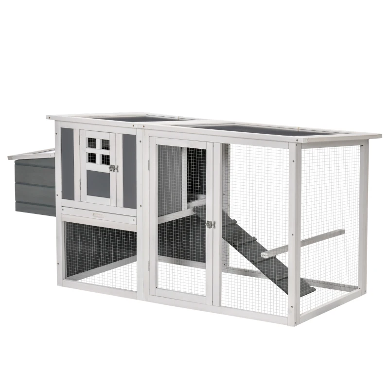 PawHut Chicken Coop with Run Wooden Poultry Cage Hen House w/ Nesting Box Removable Tray Openable Roof Grey 162 x 76.5 x 79.5cm