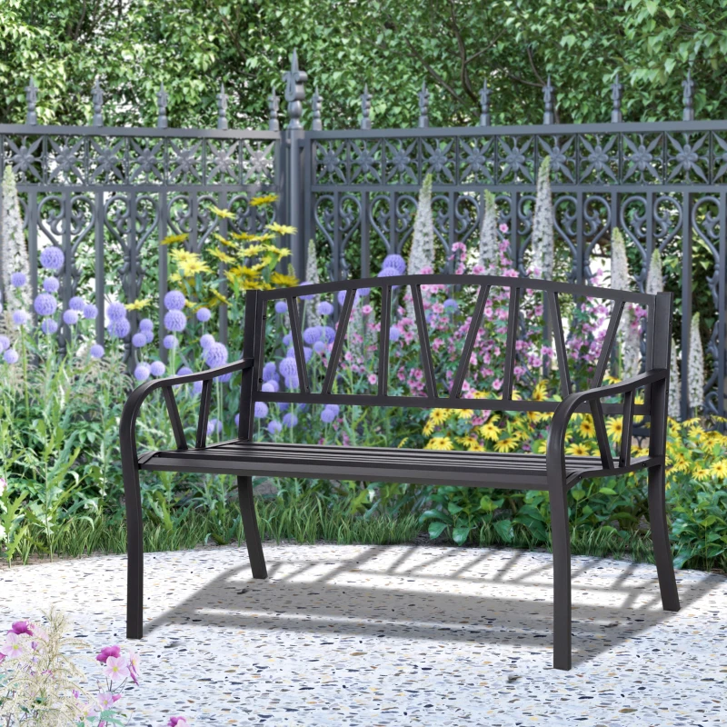 Outsunny Panchina da Giardino in Metallo Nero Impermeabile, Panca da Esterno in Ferro 2 Posti, 128x56x86cm