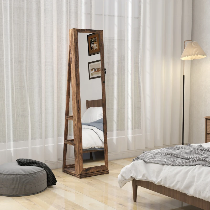 HOMCOM Espejo Joyero Giratorio 360° Armario para Joyas con Cerradura y Espejo Pequeño Incorporado 38x38x160 cm Marrón Rústico