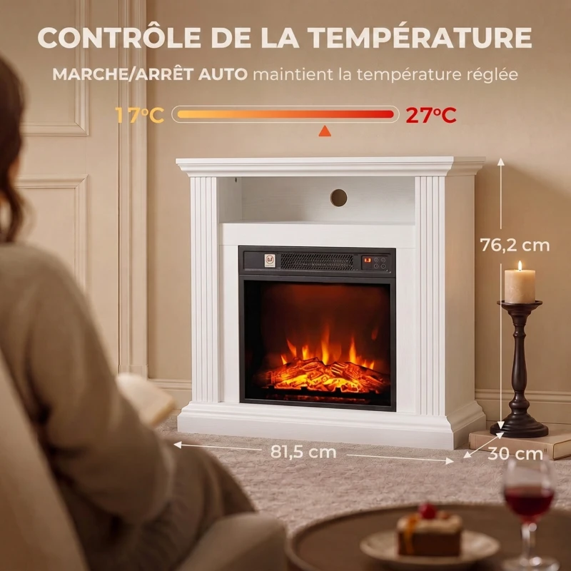 HOMCOM Cheminée Électrique 1800 W, Effet Flamme à 3 Niveaux de Luminosité, Fausse Cheminée avec Manteau, Effet Bois Blanc