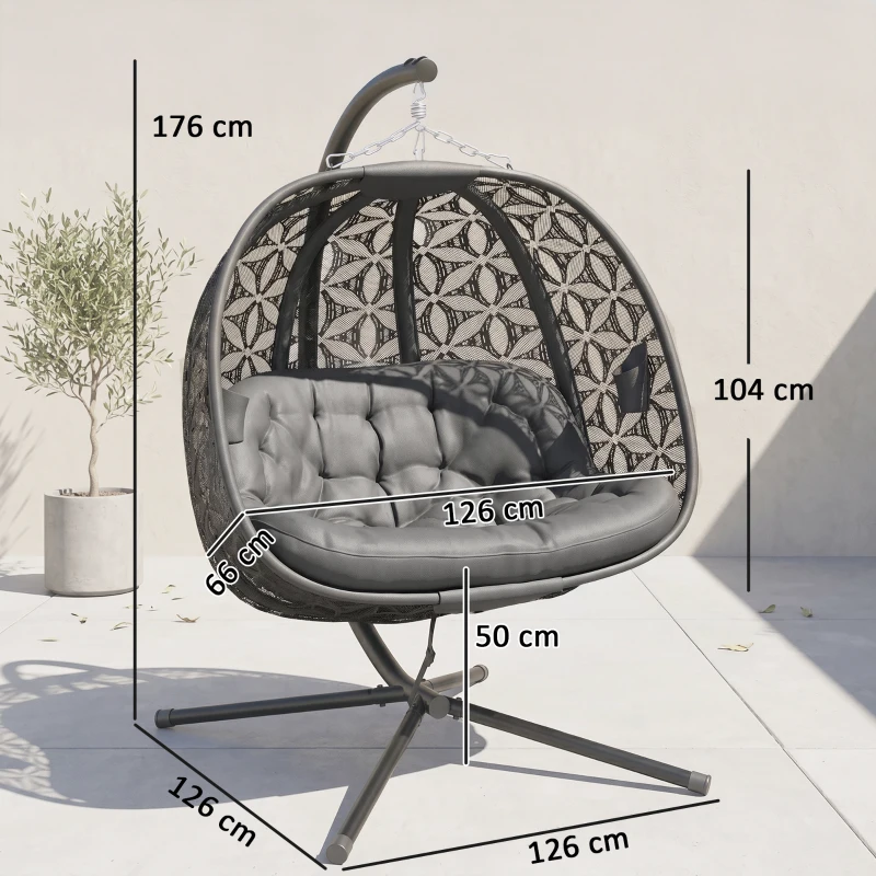 Outsunny Outdoor Double Hanging Chair with Cushion and Cup Holders, Charcoal Grey