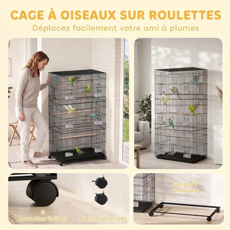PawHut Grande Cage à Oiseaux sur Roulettes en Acier, Plateau Amovible, Portes, Perchoirs, Mangeoires, 77x46,5x141cm, Noir