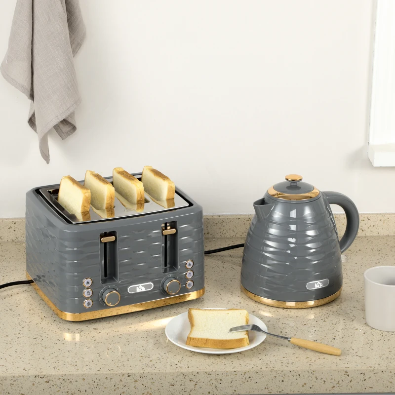 HOMCOM Kettle and Toaster Sets, 3000W 1.7L Rapid Boil Kettle & 4 Slice Toaster with 7 Browning Controls, Defrost, Reheat and Crumb Tray, Otter thermostat, Grey(m-10)