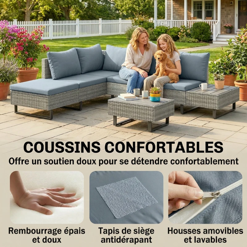 Outsunny Salon de Jardin d'Angle en Résine Tressée 5 Places Modulable avec Méridienne Réglable avec Table en Composite Gris
