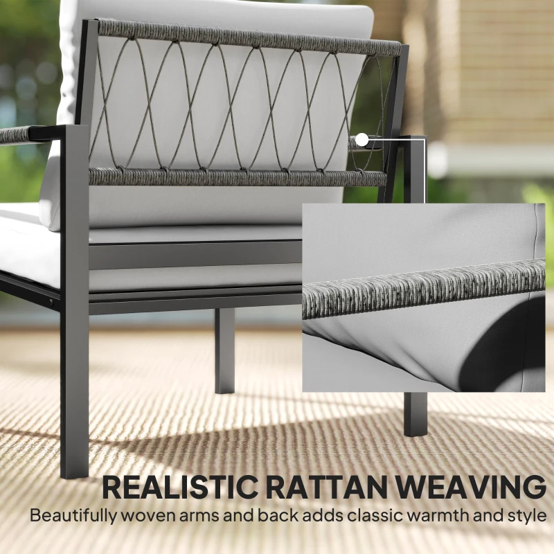 Outsunny 5 Piece Metal Garden Furniture Sofa Set with Thickened Cushions, Loveseat, 2 Armchairs, 2 Coffee Tables, Light Grey