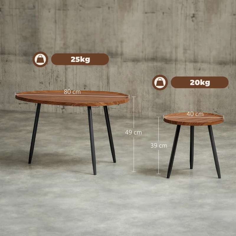 HOMCOM Lot de 2 tables basses gigognes, table d'appoint empilable, pieds en métal, pour salon, chambre, bureau, bois de noyer
