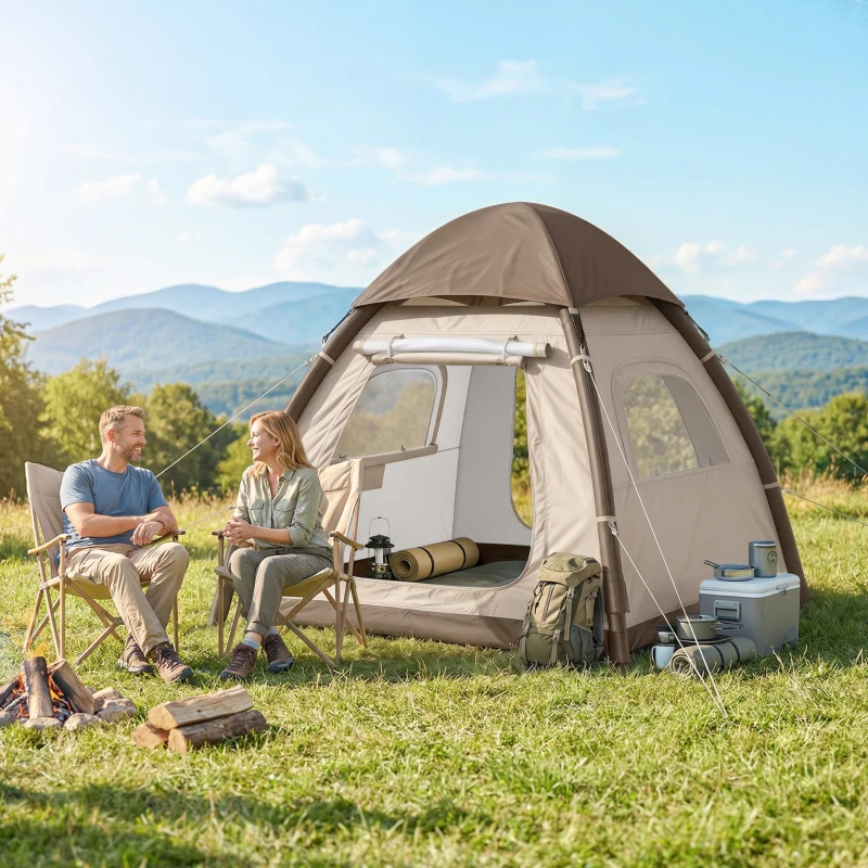 Outsunny Inflatable Camping Tent with Rainfly, 2-3 Man Air Tent 3000mm Waterproof Blow Up Tents, Cream
