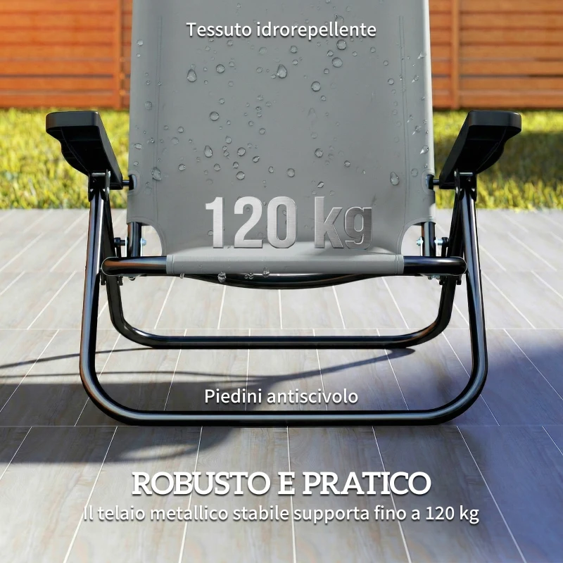 Outsunny Set di 2 Sedie Campeggio Portatili, Spiaggia Pieghevoli, Schienale Regolabile, Grigio Chiaro.