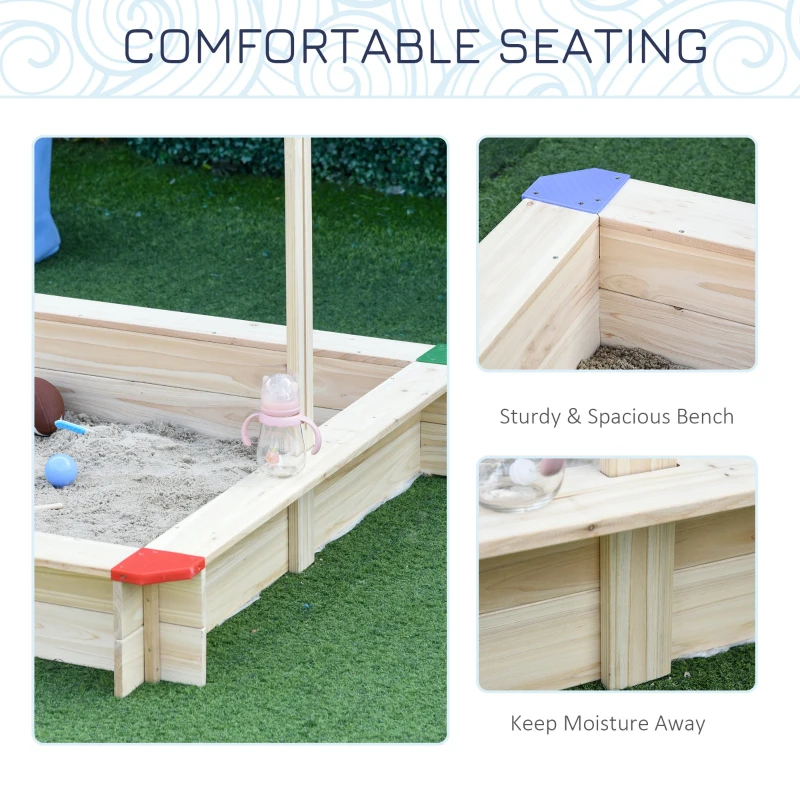 Outsunny Sandpit, Kids Wooden Sandbox with Adjustable Canopy, Bench Seats & Protective Corners for 3-6 Years Boys Girls, 120x120x120cm