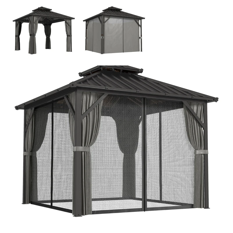 Outsunny Pavillon 3 x 3 m à toit rigide avec cadre en aluminium et toit double en acier galvanisé, gris foncé
