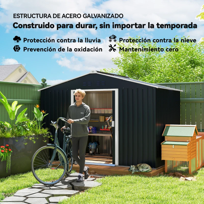 Outsunny Cobertizo de Jardín 4,9 m² 277x195x192 cm con 2 Puertas Corredizas Base Refuerzo (Suelo NO Incluido) Gris Oscuro
