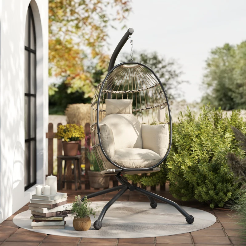 Outsunny Silla Colgante con Soporte Cesta Plegable Cojín y Reposacabezas para Interior y Exterior Carga 120 kg Caqui