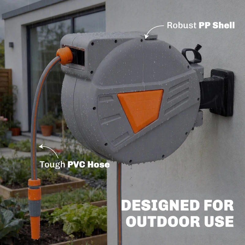 Outsunny Retractable Hose Reel Wall Mounted, 15+1.6m Garden Hose Pipe Reel with Auto Retraction, Self-Locking, Orange