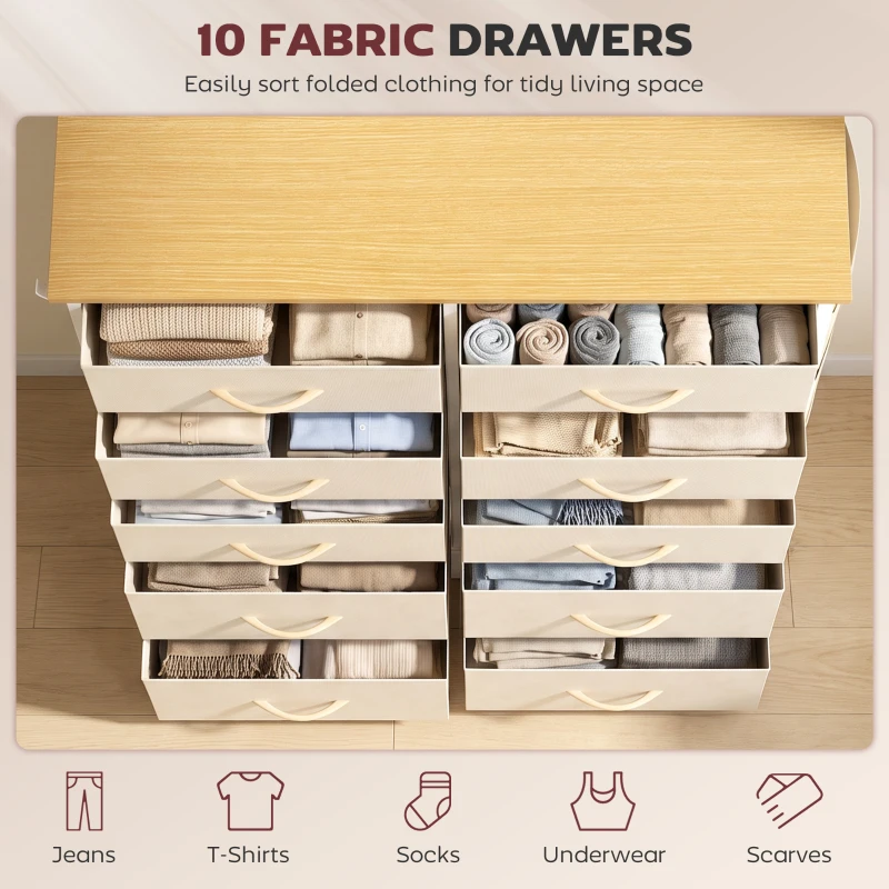HOMCOM Chest of Drawers, Dresser with 10 Fabric Drawers, Tall Storage Unit with 4 Pockets and 2 Hooks Steel Frame, Beige