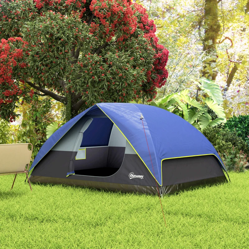 Outsunny Tente de camping 3 personnes, tente dôme familiale imperméable, avec fenêtre, 2 poches, sac de transport, bleu foncé