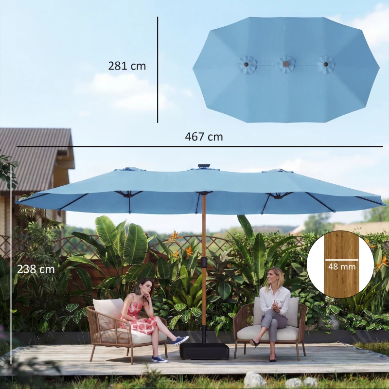 Outsunny Parasol de jardin double 5 x 3 m parasol de jardin extérieur avec base incluse, manivelle, protection UV, bleu