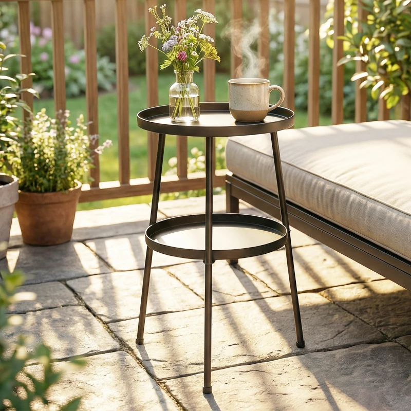 Outsunny Patio Side Table, 2-Tier Round Coffee End Table for Garden Balcony Living Room Bedroom, Black