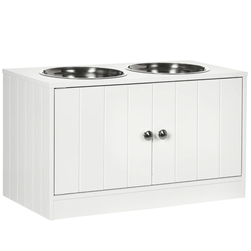 PawHut Raised Pet Feeder, with Two Bowls, Storage - White