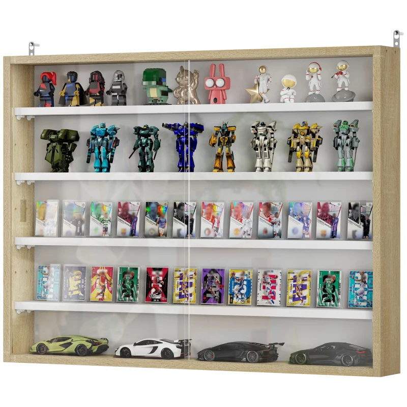 HOMCOM 5-Tier Wall Display Shelf Unit Cabinet w/ 4 Adjustable Shelves Glass Doors Home Office Ornaments 60x80cm Natural