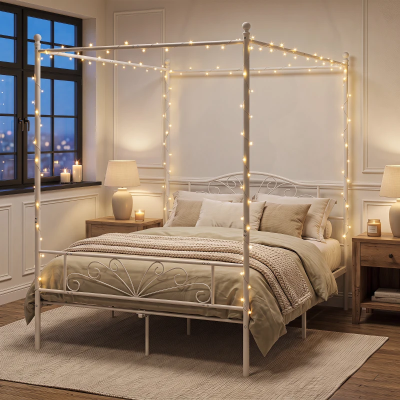HOMCOM Canopy Bed Frame Double Size, Metal Platform Bed Frame with Headboard and Footboard, Underbed Storage, White