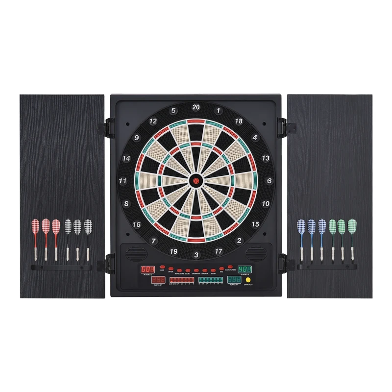 HOMCOM Diana Electrónica Digital hasta 8 Jugadores con 12 Dardos y 30 Puntas con Pantalla LED Puertas 27 Juegos Distintos y 202 Variantes 51x6,5x57 cm Negro