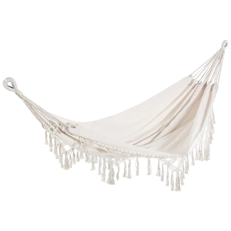 Outsunny Hamac Exterieur Bohème, Hamac Suspendu avec Frange macramée et Sac de Transport extra large pour Jardin, Camping, Terrasse, Patio, Crème
