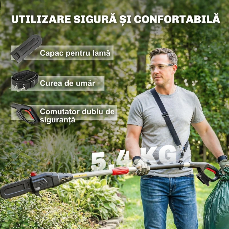 Outsunny Drujbă Telescopică pe Baterie, Drujbă Fără Fir 1,94m/2,56m cu Lubrifiere Automată, Viteză Lanț 6m/s, Pentru Tăierea Arborilor și Crengilor, Fără Baterie