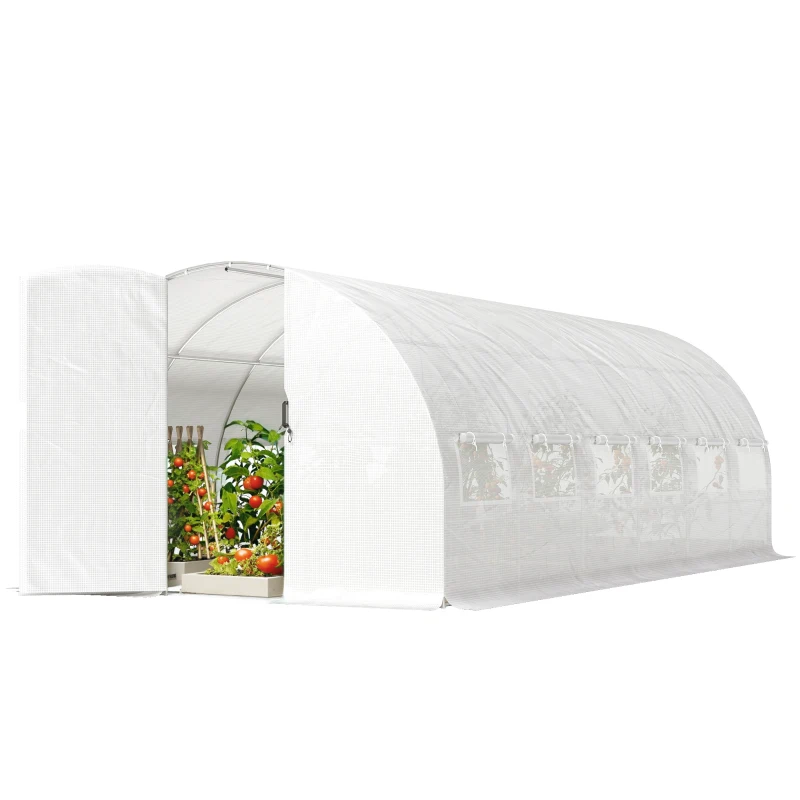 Outsunny Serre Tunnel de Jardin 18m², Serre de Jardin Tunnel avec Porte et 12 Fenêtres avec Moustiquaires, 295x597x200cm, Blanc
