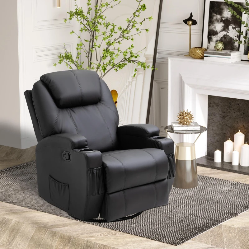 HOMCOM Recliner Chair, Recliner Massage Rocker Chair with 360° Rotate, 165° Reclining Function, Adjustable Footrest, Swivel Armchair Single Sofa for Living Room with Drink Holders, Side Pockets, Black