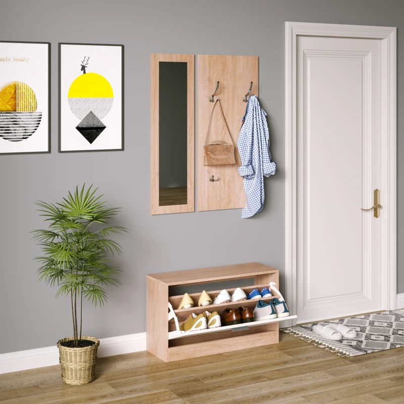 HOMCOM Ensemble de meubles d'entrée design contemporain : meuble chaussures, miroir et panneau porte-manteau patères double, triple coloris chêne clair blanc